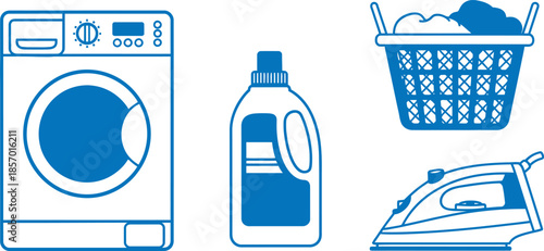 Set of 4 laundry items flat design washing machine laundry basket detergent bottle and iron