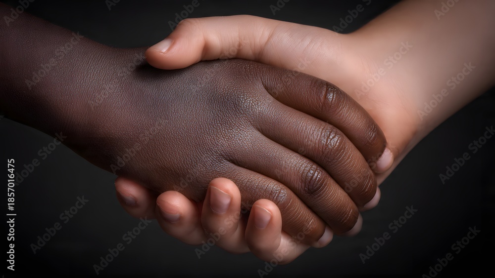 Fototapeta premium A tender handclasp between two child's hand symbolizes unity, diversity and intergenerational friendship beyond ethnicity and age.