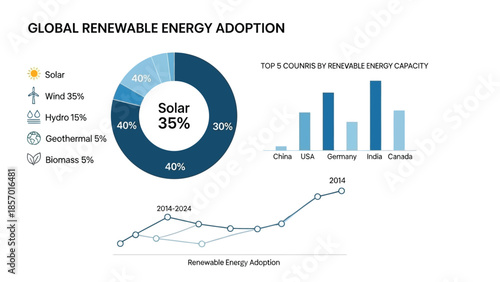 Global renewable energy adoption is visualized through a pie chart, bar graph, and line graph, illustrating solar, wind, hydro, geothermal, and biomass energy sources and top countries by renewable