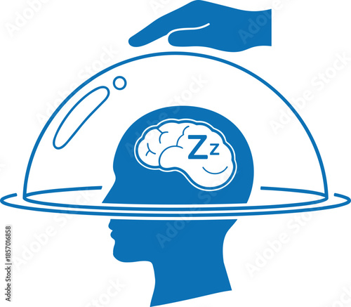 Protective dome over brain with sleep symbols illustrating mental health and tranquility