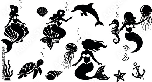 Silhouette mermaids with sea creatures and underwater elements vector illustration 