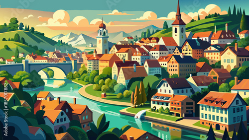 Very beautiful summer panorama of Bern showcasing historic rooftops, winding river bends, green parks, and warm sunlight across Switzerland’s charming and well-preserved capital city.