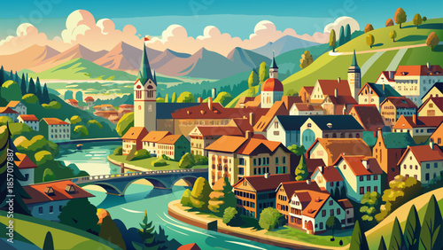 Very beautiful summer panorama of Bern showcasing historic rooftops, winding river bends, green parks, and warm sunlight across Switzerland’s charming and well-preserved capital city.