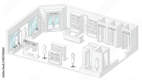 A detailed isometric illustration of a retail clothing store interior, showcasing display racks, mannequins, fitting rooms, and a checkout counter.