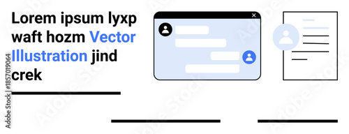 Online communication, digital profiles, messaging apps, virtual interaction, documentation, identity management. Chat window and profile document graphic. Online communication and digital profiles