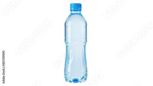 Fotografie Clear plastic water bottle with blue cap isolated PNG, refreshing drink containe