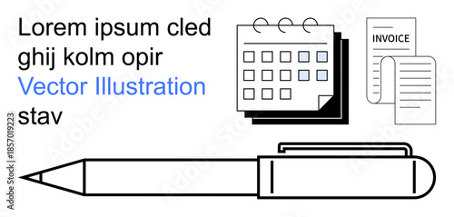 Office tools, productivity, finance management, organization, documentation, business planning. Pen, calendar and invoices . Productivity and finance management concept