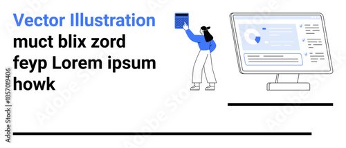 Business insights, data visualization, digital analytics, information management, user interaction, technology concepts. A person holds data while viewing a digital display. Business insights