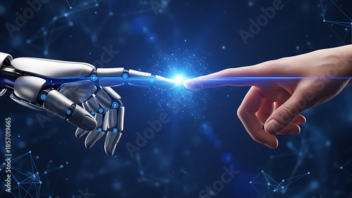 Robot and human hand touching with glowing blue light connection