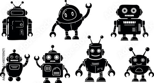 Set of vintage style robot characters with different shapes and antennas vector illustration 