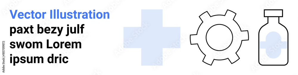 Obraz premium Blue medical cross, gear symbol, and medicine bottle highlighting healthcare, innovation, technology, solutions, research, pharmaceutical development. Ideal for healthcare apps websites simple