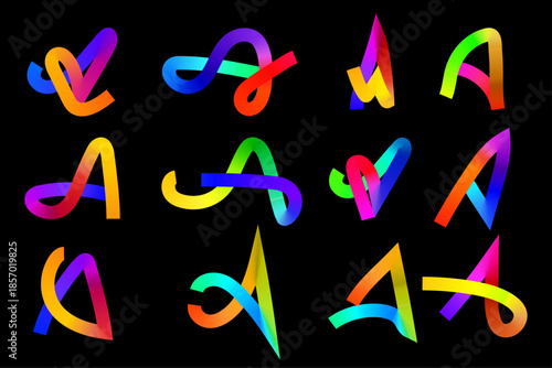 Abstract Neon Gradient Letter A Ribbon Shapes on Black Background, Colorful Alphabet Symbols, Modern Flowing Lines, Vibrant Digital Typography Art for Branding, Posters, UI, Wallpapers