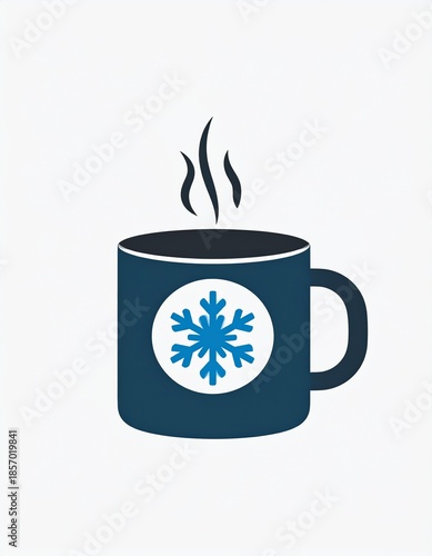 Cup with Warm Drink, tea or coffee in a blue mug with steam and snowflake icon, vector like digital illustration