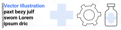Blue medical cross, gear symbol, and medicine bottle highlighting healthcare, innovation, technology, solutions, research, pharmaceutical development. Ideal for healthcare apps websites simple