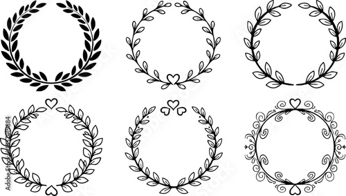 Decorative hand drawn wreaths with hearts and leaves for romantic design elements vector 