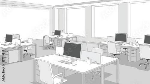 An empty, modern office space with rows of desks, computers, and chairs is depicted in a light and airy, line-drawing style illustration, showcasing a clean and organized work environment ready for