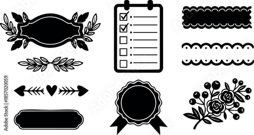 Decorative black vintage floral labels checklist and ribbon badge vector set 