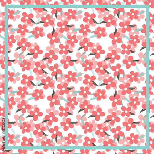 Print for kerchief, bandana, scarf, handkerchief, shawl, neck scarf. Squared pattern with ornament for fabric, textile, silk products. Paisley vector with abstract flowers. Floral folk tracery.