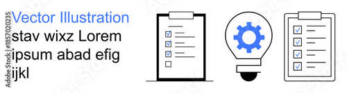 Business planning, task management, innovation, workflow processes, organization, productivity. Clipboard checklists and a lightbulb with a gear symbol. Business planning and innovation concept
