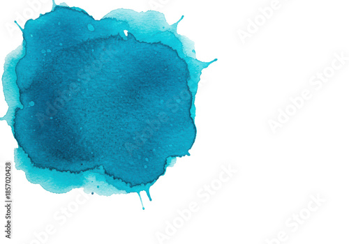highly saturated macro shot of an organic teal and cerulean watercolor splotch with visible pigment texture and bleeding effect, centered on a transparent background with copy space. Artistic