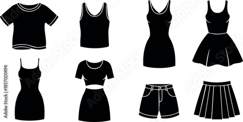 Black Clothing Silhouettes Collection Including T-shirt Tank Top Dress Skirt and Shorts Vector Illustration 