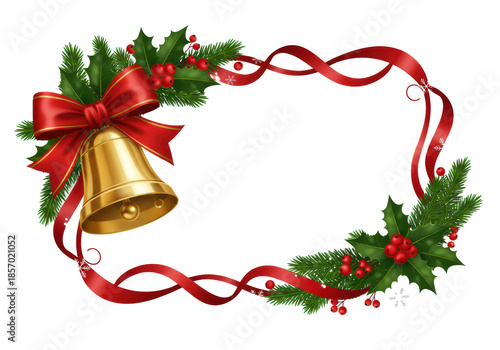 highly detailed digital illustration of a decorative christmas border frame featuring glossy holly, satin ribbon, and polished gold bell against a transparent background. ideal design asset for