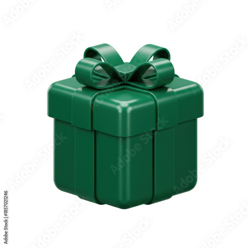 a photorealistic 3d icon of a perfect emerald green cube gift box with a glossy metallic ribbon bow, isolated on a transparent background. concept of premium elegant surprise