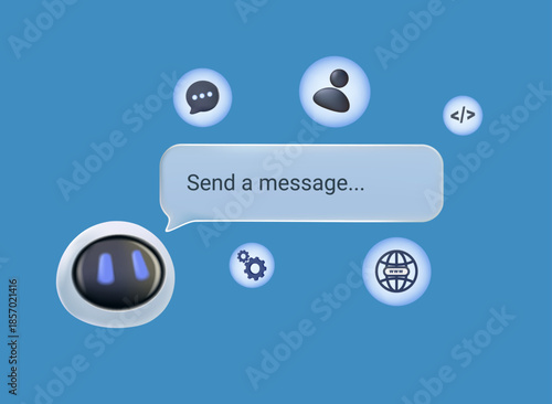 Futuristic AI virtual assistant for customer service, chatbot technology, includes options buttons. Futuristic smart search automation, AI chatbot, digital business support, futuristic AI