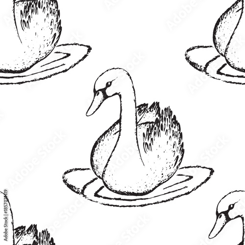 Seamless pattern with funny swan birds. Flat vector illustration with cartoon bird silhouette. Cute characters. Design for invitation, poster, card, textile, fabric.