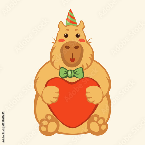 Flat vector illustration in a simple children s style. A cute capybara is flying on heart-shaped balloons. Valentine s Day Holiday