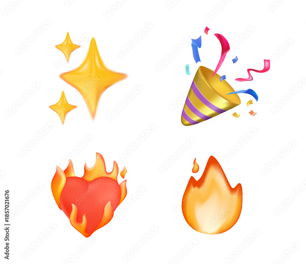 Obraz premium Party popper with confetti, sparkles, fire, heart on fire emoticons, emoji. 3d emoji party popper, love, sparkles and flame icon illustration design. festive birthday celebration emoji