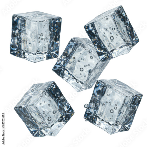 Four crystal-clear, highly reflective ice cubes with intricate fractures and trapped air bubbles dynamically suspended mid-air against a stark white background. Concept for cooling refreshment