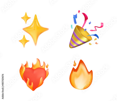 Party popper with confetti, sparkles, fire, heart on fire emoticons, emoji. 3d emoji party popper, love, sparkles and flame icon illustration design. festive birthday celebration emoji