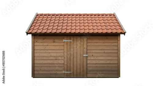 Foto Wooden garden shed with red tile roof isolated PNG, outdoor storage structure fo