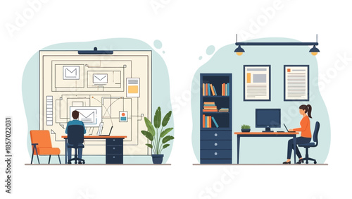Two individuals are engaged in work within distinct office environments, one analyzing a large diagram and the other working at a computer.