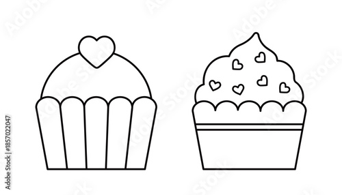 Set of Valentine's Day cupcake outline,  coloring pages and templates.