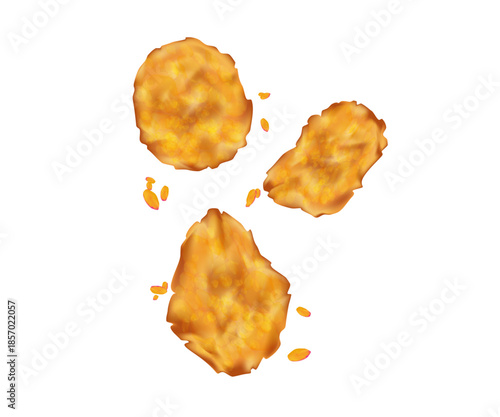 Golden crispy chicken nuggets stacked crispy stack of golden-brown chicken nuggets realistic 3D vector illustration. Falling fried chicken wings on white background. fried chicken pane chicken breast