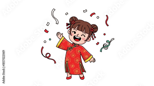 Cheerful Asian Girl Celebrating Chinese New Year with Falling Confetti, isolated white background