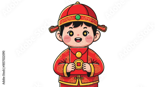 Happy Asian Boy in Traditional Chinese Attire Holding Gold Coin for Prosperity, isolated white background