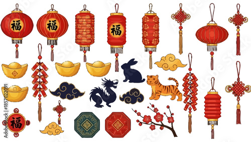 Collection of Chinese New Year Decorative Elements Including Lanterns, Gold Ingots, and Auspicious Symbols, isolated white background
