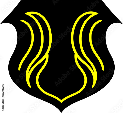 Abstract shield with yellow wavy lines and tribal patterns for mascot design isolated black armor shape vector emblem with flame motifs security symbol for gaming team branding logo.