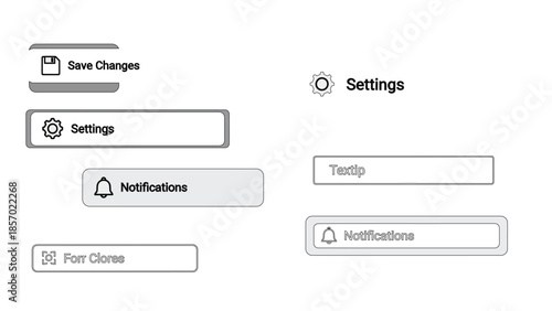 This image displays two sets of user interface elements, including buttons for saving changes, settings, notifications, and form clones, presented in a clean, minimalist design.