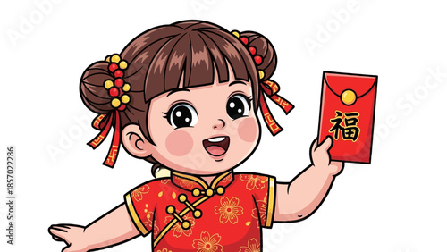 Happy Little Chinese Girl in Traditional Dress Holding Red Envelope with Fortune Character, isolated white background