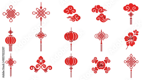 Collection of traditional red Chinese lucky knots, various lanterns, and auspicious cloud symbols on an isolated white background.