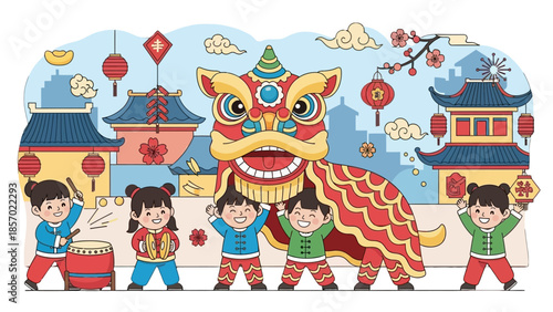 Happy children joyfully performing traditional Chinese lion dance in front of elegant temples and festive lanterns during New Year celebration.