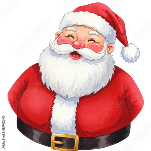 A cheerful, plump santa claus with a thick white beard and rosy cheeks, wearing a crimson suit, stylized watercolor illustration on a transparent background, concept of christmas holiday joy