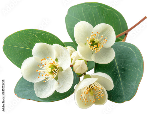 Close-up of delicate white blossoms with orange stamens and green leaves, transparent background