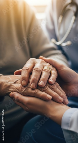 Doctor holding senior patient hands gentle care