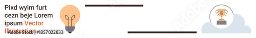 Innovation, creativity, success, achievement, problem-solving, goals. A light bulb and trophy arranged in a conceptual layout. Innovation and creativity through the light bulb and success through the