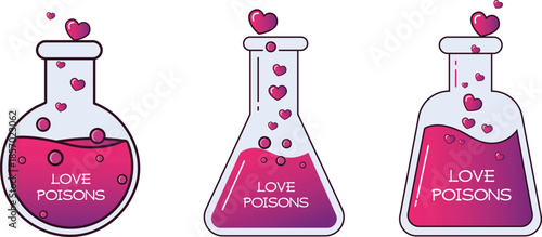 Assortment of Three Chemical Flasks Holding Love Poisons Elixir and Floating Heart Bubbles